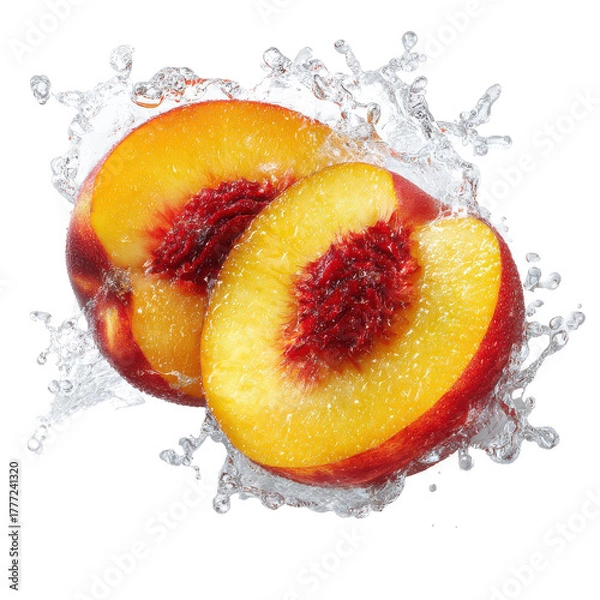 Fototapeta Two peach slices with water splash png fruit png fresh png juice png splash png tropical png summer png dessert png juicy png motion png transparent background image