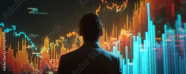 Obraz Man watches colorful financial charts on screen showing high interest rates impact with focus and determination in dark room