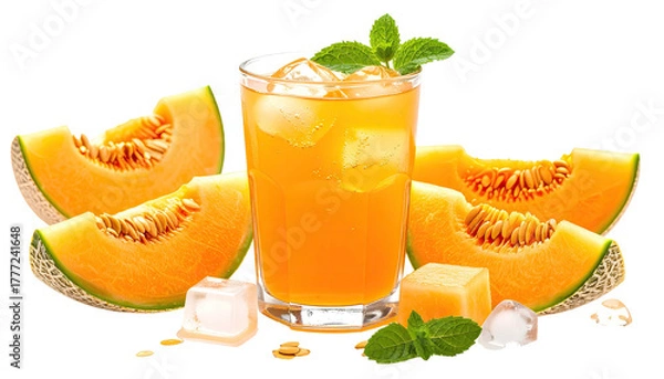 Fototapeta Cantaloupe drink with ice, slices, and mint