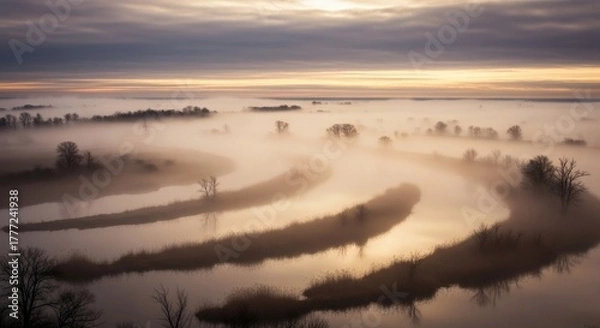 Obraz Aerial view of a winding river at dawn, shrouded in mist, with hints of trees