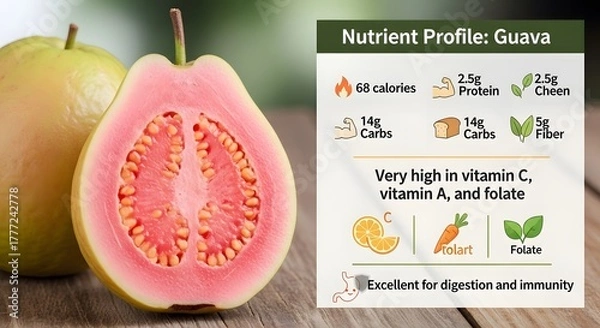 Fototapeta Guava Nutrient Profile Infographic Displaying Vitamins Folate Fiber Protein Carbs and Calories Tropical Fruit Excellent for Digestion and Immunity Health Benefits