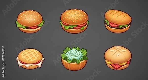 Fototapeta Set of Six Different Cartoon Illustrated Hamburgers and Cheeseburgers Food Icons Various Styles Isolated On Dark Background For Game Design or Menu
