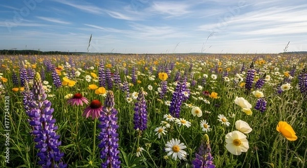 Fototapeta Vibrant summer meadow abundant purple lupine white daisies yellow poppy flowers stretching horizon bright blue sky fluffy clouds expansive flowering field natural background