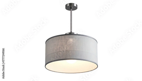 Fototapeta Lit drum shade pendant lamp hangs against a dark backdrop