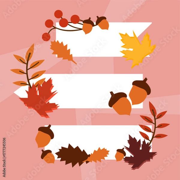 Fototapeta Autumn Leaves and Acorns Banner with Fall Foliage  