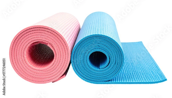 Obraz Rolled pink and blue ribbed exercise mats, close-up