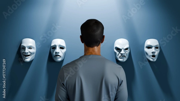 Fototapeta Man facing a wall of expressive masks, concept of identity, emotions, personality and self-reflection, 3d render