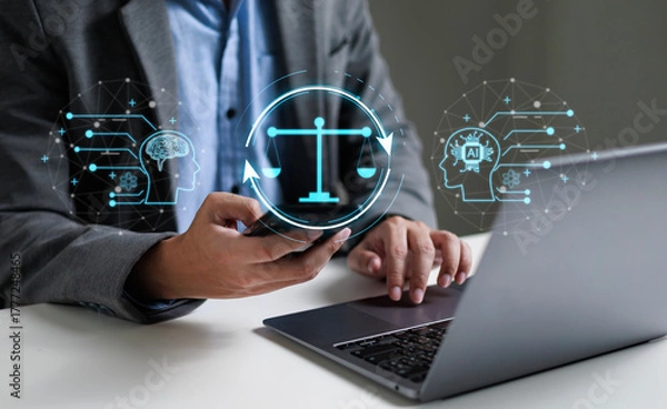 Fototapeta AI ethics concepts, laws governing artificial intelligence, ethical standards and regulations for AI technology, balancing the power of AI with strong ethics is therefore essential. Spline