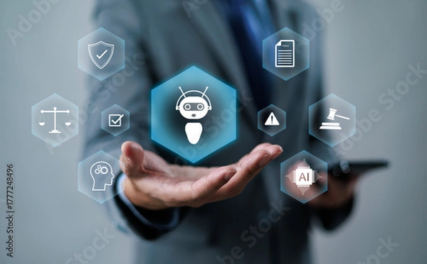 Fototapeta AI ethics concepts, laws governing artificial intelligence, ethical standards and regulations for AI technology, balancing the power of AI with strong ethics is therefore essential. Spline