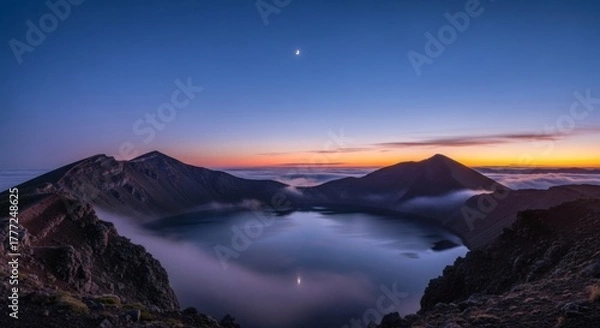 Fototapeta Sunrise over serene volcanic lake, mountains, clouds, crescent moon in a twilight sky