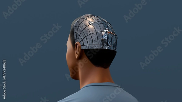 Fototapeta Man trapped inside his own mind cage, concept of mental barriers, overthinking, limitation, anxiety, and search for inner freedom, 3d render