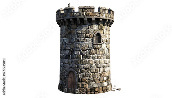 Fototapeta Stone tower with arched doorway and crenellations