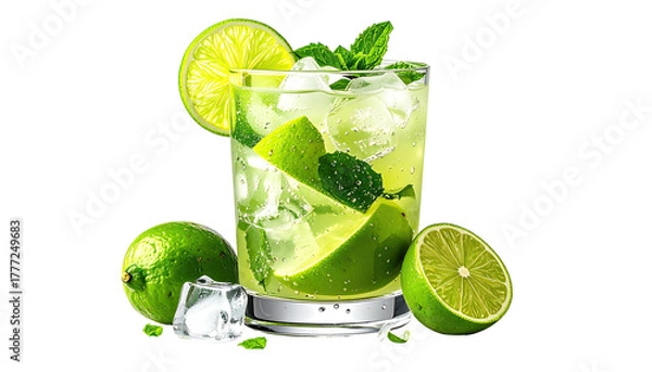 Fototapeta Refreshing lime drink with mint and ice in a glass