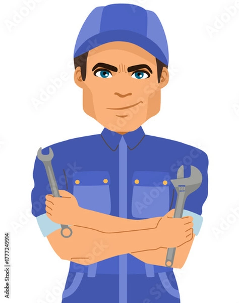 Fototapeta Cartoon vector illustration of a handyman holding tools isolated on transparent background. Male character for home repair services, plumbing, electrical and construction business branding