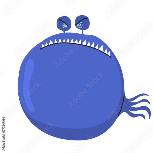 Fototapeta Cartoon vector illustration of a blue prehistoric angry fish character isolated on transparent background. Clip art for video games, aquatic fantasy stories, children’s books and mascot character desi