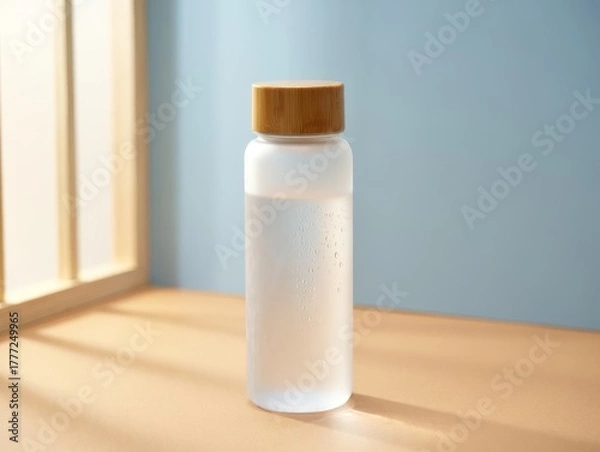 Obraz Clear glass water bottle with wooden lid on a table