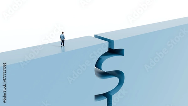 Fototapeta Man walking toward a dollar shaped hole in the path, concept of money trap, financial risk and caution, 3d render