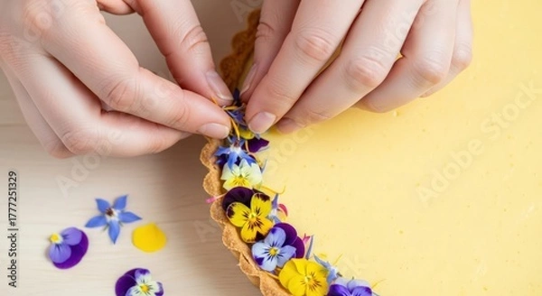 Fototapeta Hands decorating a tart with edible flowers on a