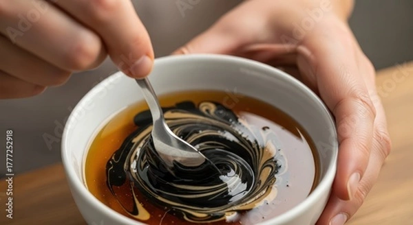 Fototapeta Hands holding a bowl of swirled coffee with a