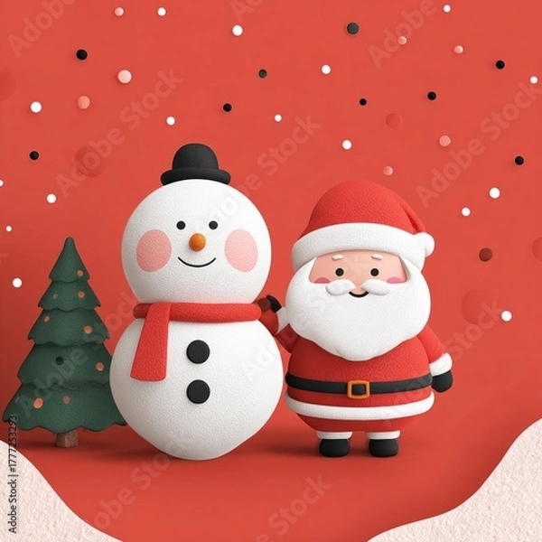 Fototapeta A festive scene featuring a cheerful snowman and Santa Claus against a bright red background, evoking holiday spirit and joy.