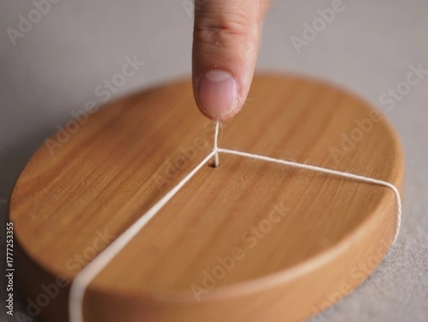 Obraz Finger pulling a string taut across a wooden circular object