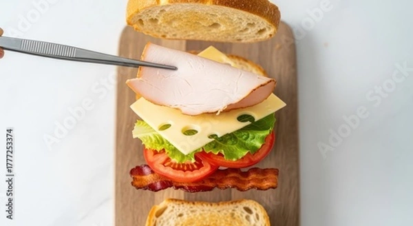 Fototapeta Overhead view of a sandwich being assembled on a