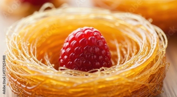 Fototapeta Close-up of a golden nest pastry with a raspberry