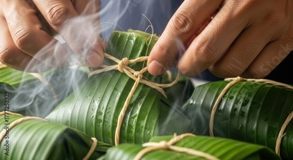 Fototapeta Close-up of hands tying steaming green