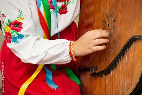 Fototapeta Bandura is a Ukrainian folk stringed plucked musical instrument. A classical (diatonic) and modern (diatonic or chromatic) instrument from the harp, gusel, and psaltery family.