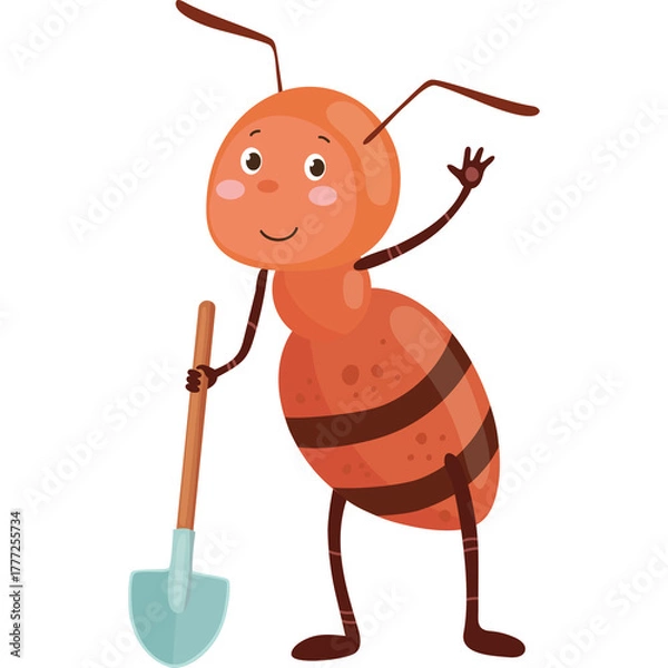 Obraz Orange Ant Character Holding a Teal Shovel Waving Hello on Transparent Background