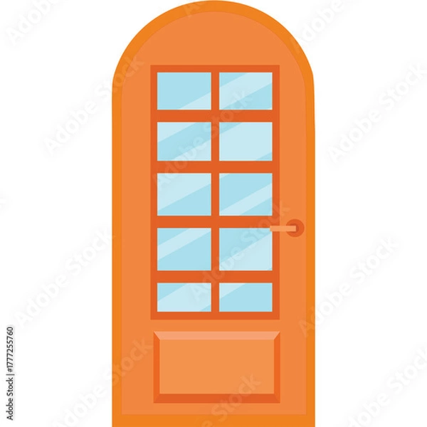 Obraz Orange arched wooden door with glass panes and metallic handle isolated on white background simple design interior element graphic illustration