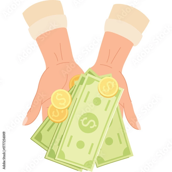 Obraz Open Hands Holding US Dollar Bills and Gold Coins Showing Wealth and Financial Success with a Transparent Background