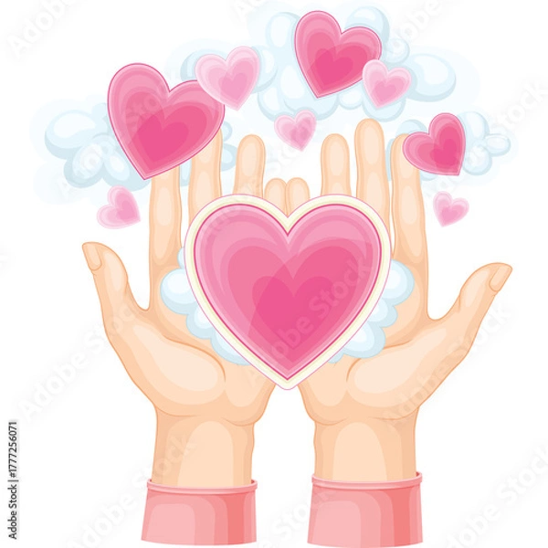 Obraz Open Hands Gently Holding A Large Pink Heart Surrounded By Floating Hearts And Fluffy Clouds In A Joyful Display