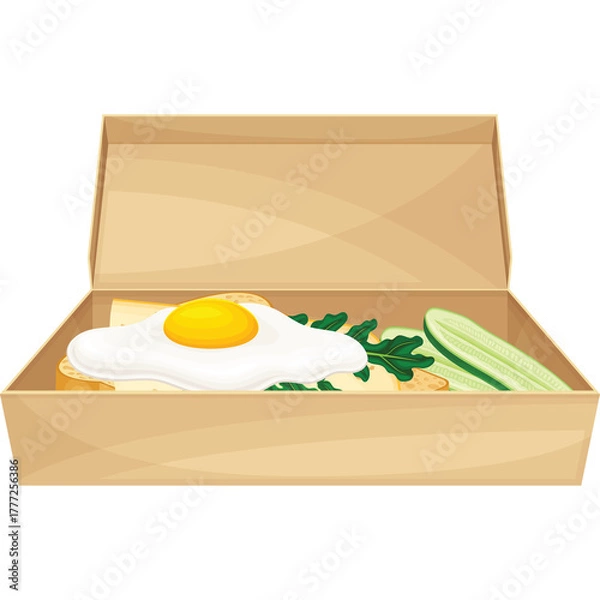 Obraz Open light brown cardboard takeout container filled with a fried egg on toast with green herbs and sliced cucumber with a transparent background