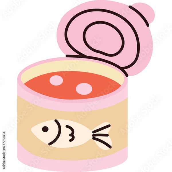 Obraz Open Pink and Beige Fish Food Can With Fish Illustration and Pink Lid Open Revealing Red Contents with Bubbles on Transparent Background