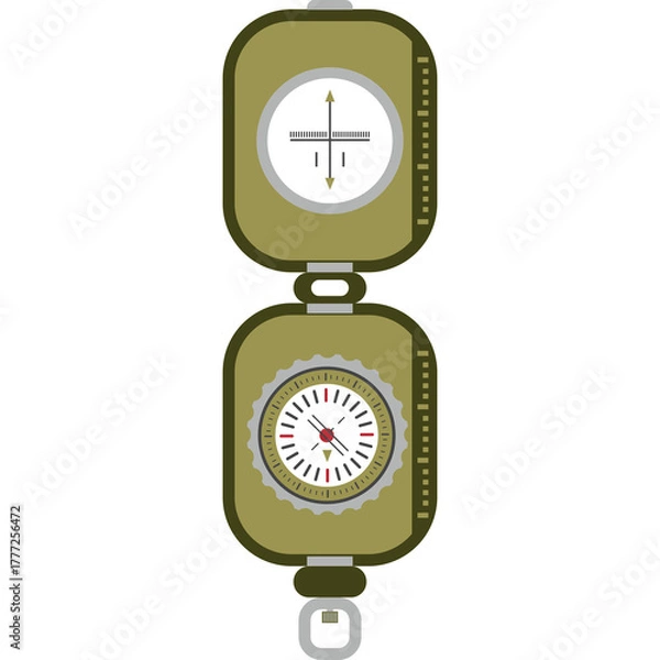 Obraz Open Pocket Compass With Green Casing Showing Directional Dial And Small Hook For Hanging Isolated On White Background Detailed Illustration