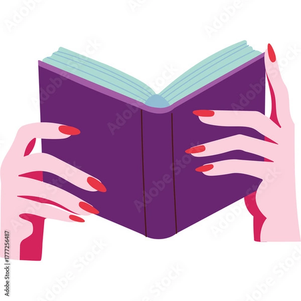 Obraz Open purple book held by woman with red nail polish on pink hands against a transparent background with light blue pages