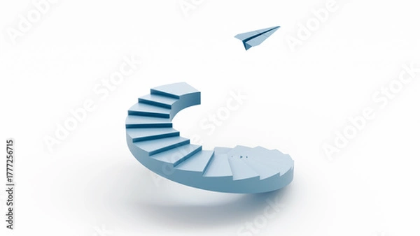 Fototapeta Paper plane launching upward from spiral stairs, concept of creativity, ambition, innovation, progress, freedom and new beginnings, 3d render