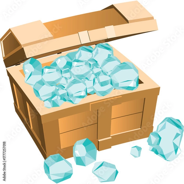 Obraz Open Wooden Crate Filled With Blue Ice Cubes and Scattered Ice Chunks on Transparent Background