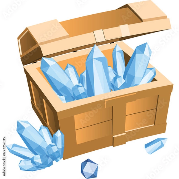 Obraz Open Wooden Crate Filled With Blue Ice Crystals And Scattered Gemstones On A Transparent Background In A Stylized Low Poly Art