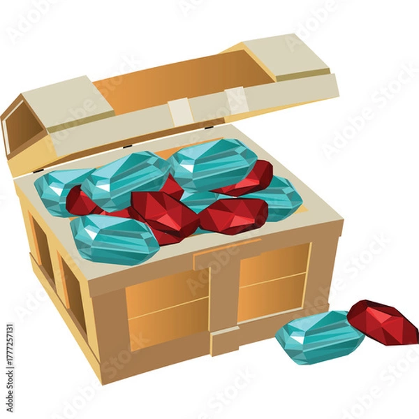 Obraz Open Wooden Treasure Chest Filled with Blue Gems and Red Jewels on Transparent Background