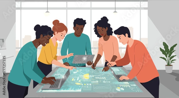 Fototapeta Diverse Team Analyzing Data on Interactive Table.