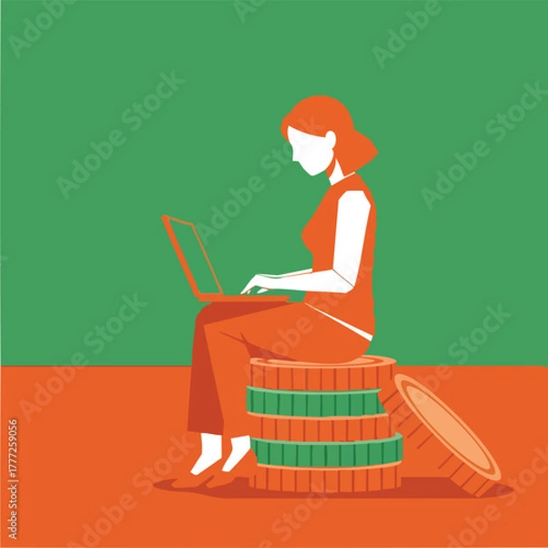 Obraz Woman using laptop on coin stack.