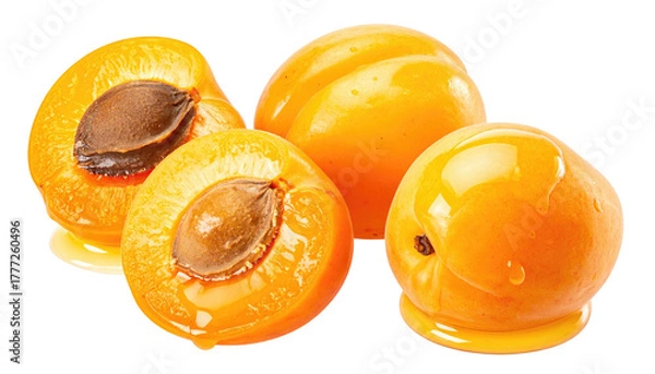 Obraz Apricots in syrup, one cut open revealing pit. Glossy, sweet