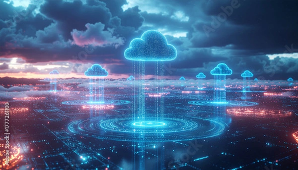 Obraz Modern cloud computing network visualization with vibrant data streams against dramatic sky, perfect for tech innovation and digital transformation projects