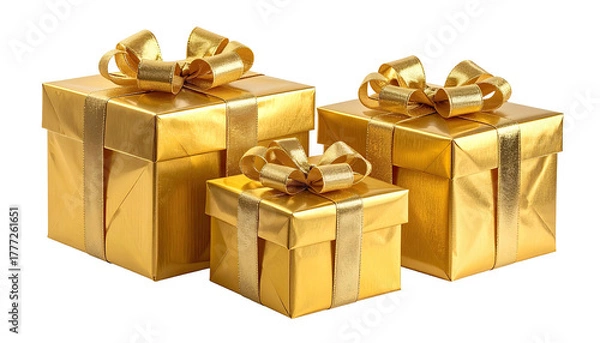 Obraz Three gifts are wrapped in shiny gold paper and ribbon