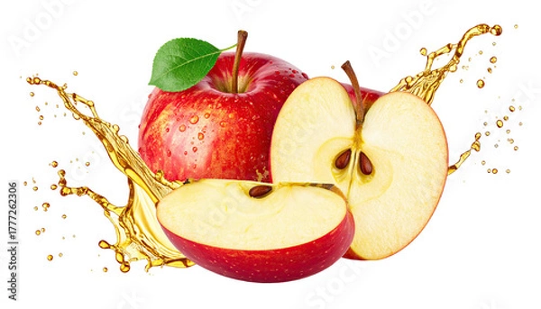 Fototapeta Red apples, slice & half, with splashing liquid on a black background