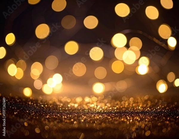 Fototapeta Golden lights bokeh sparkle on a dark, glittery surface