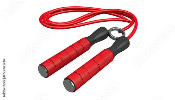 Fototapeta Red jump rope with black handles on a stark black background