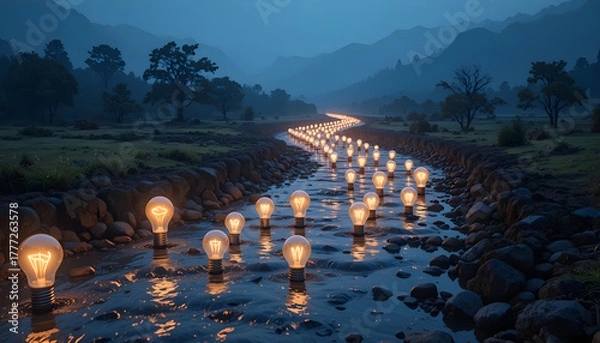 Obraz landscape, each bulb representing a unique idea, symbolizing creativity and the flow of innovation
